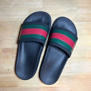 Gucci Black Slide Sandals with Red and Green Stripes